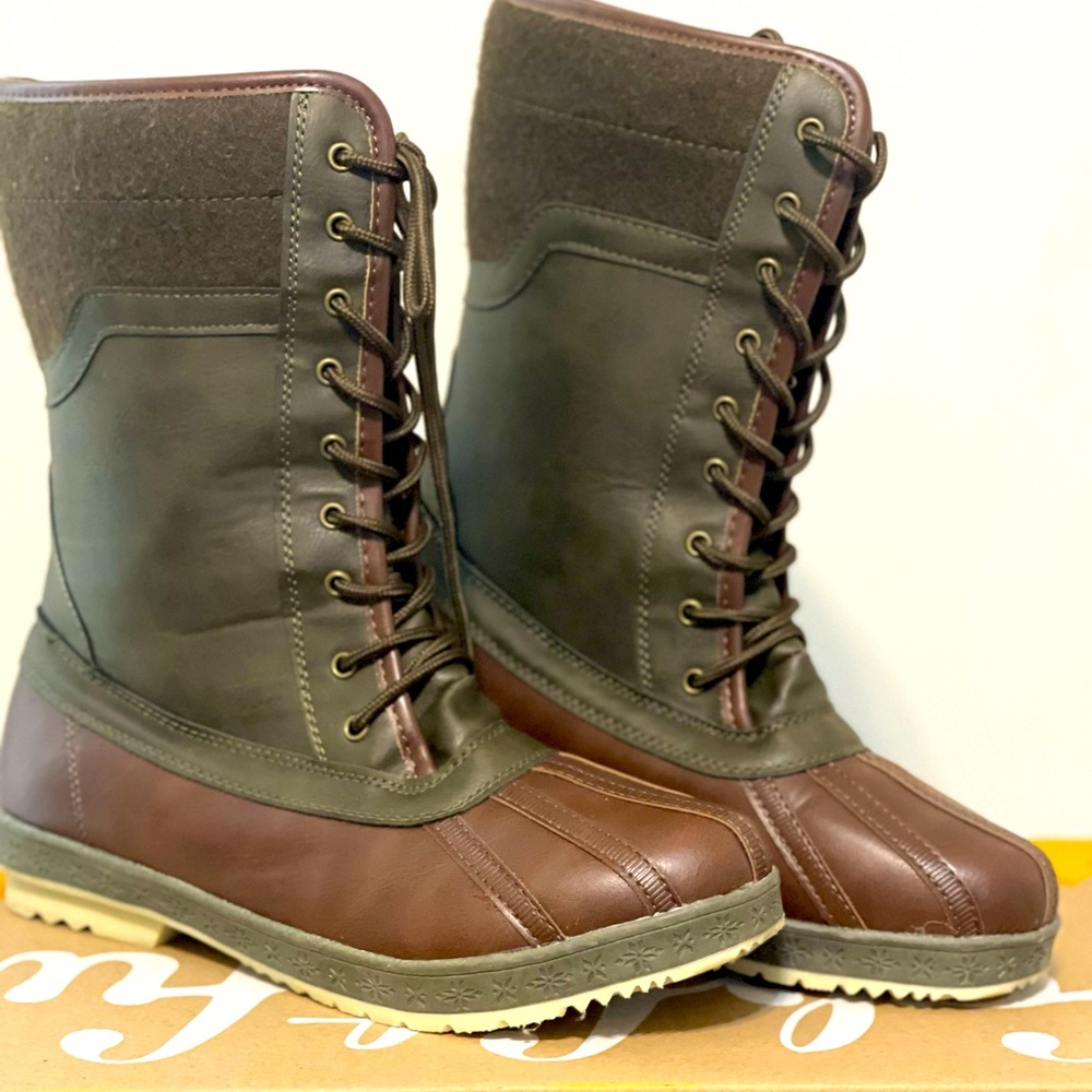 ShoeDazzle Olive and Brown Flannel Rain Boots